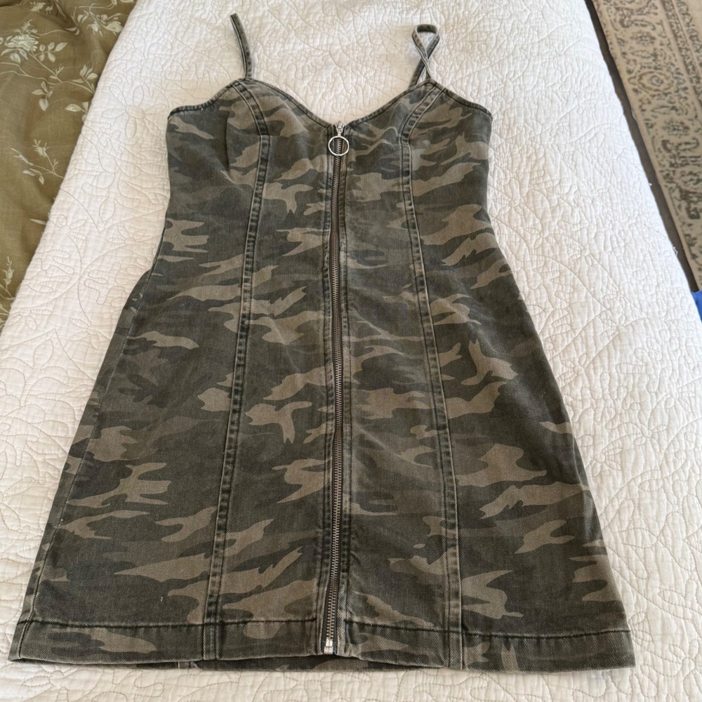 Topshop MOTO Camo Denim Mini Dress US 4 Zip Front Y2K Grunge Military Green